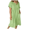 thumbnail image 1 of GYUJNB Robe Maxi d'Été en Coton et Lin pour Femmes Manches Courtes Col Rond Longue Coupe Décontractée avec Poches, 1 of 6