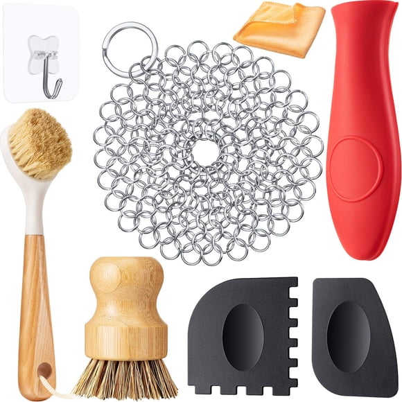 Patelai Ensemble de Nettoyage en Fonte 8 Pcs Ensemble de Nettoyage pour Poêle Comprend Récurant en Cotte de Mailles en Acier Inoxydable Brosses à Récurer en Bambou pour Vaisselle Poêle Gril