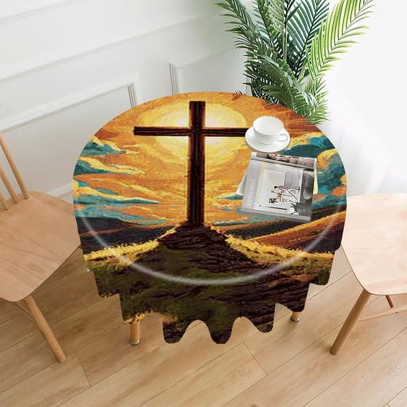RKSupls 60 Inch Round Tablecloth, Cross Sunset Sky Premium Polyester Straight Edge Wrinkle Resistant Washable Table Cover for Party Home Dining Decor