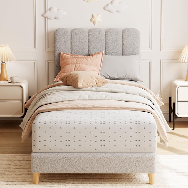 Girls' tamaño individual-size light rosa marco de cama: bouclé forrado cama de plataforma con wave cabecero, fácil montaje, de madera slats support, no box spring required