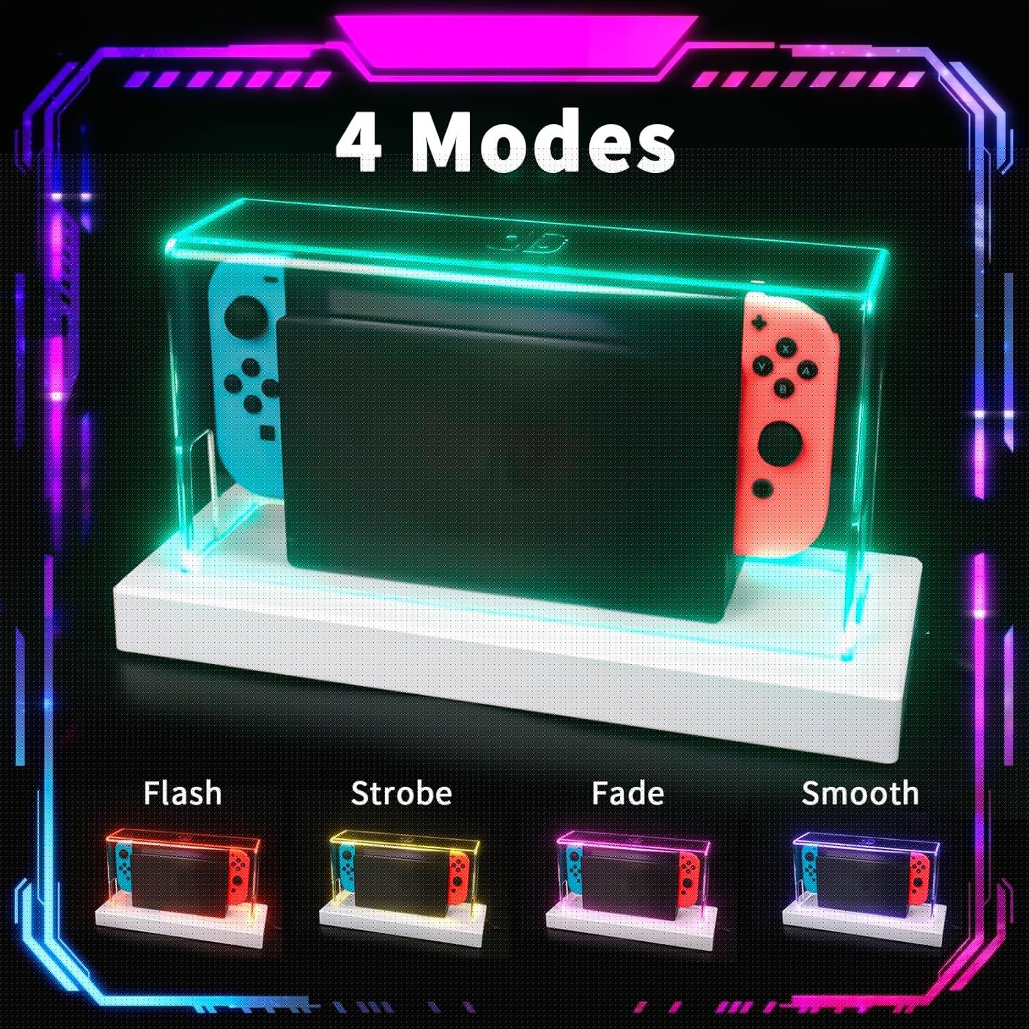 thumbnail image 2 of Funda protectora acrílica para Nintendo Switch/Switch OLED: impermeable, resistente a los arañazos, carcasa transparente con base luminosa, 16 colores LED, compatible con los accesorios de Switch, 2 of 8