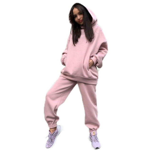 Daeful Women Sweatsuits Plain Two Piece Outfit Autumn Solid Color Elastic Waist Pants Jogger Set Pink XL