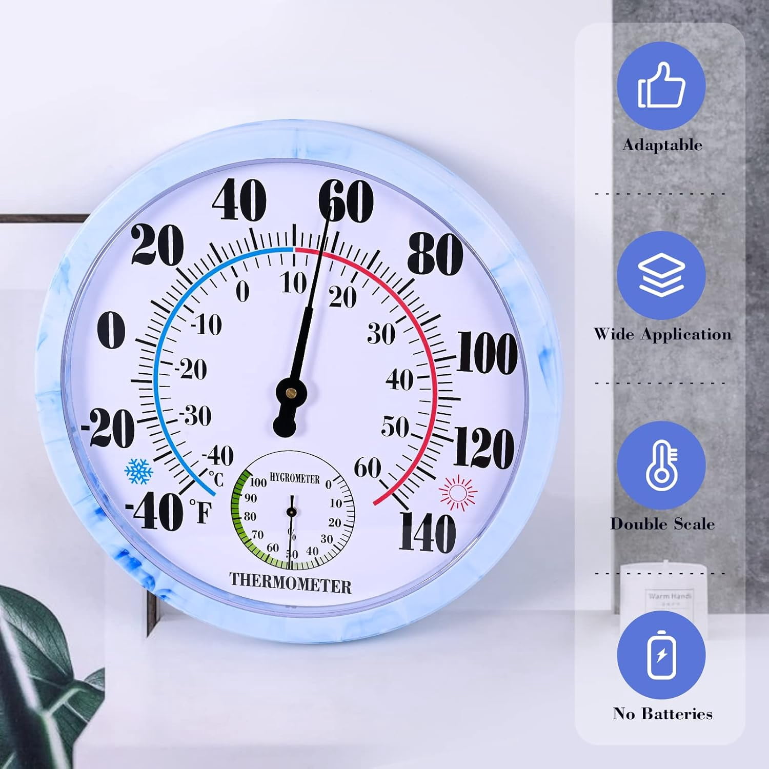 10'' Indoor Outdoor Thermometer Hygrometer, Wall Thermometer Hygrometer Analog, Battery Free Outdoor Thermometer Large Numbers, Decorative Room Thermometer Indoor$$Garden & Patio