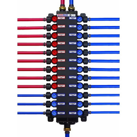Manabloc 41243 Pipe Manifold, 1 Inch, Pex Crimp, 24 (9 Hot, 15 Cold) Outlets