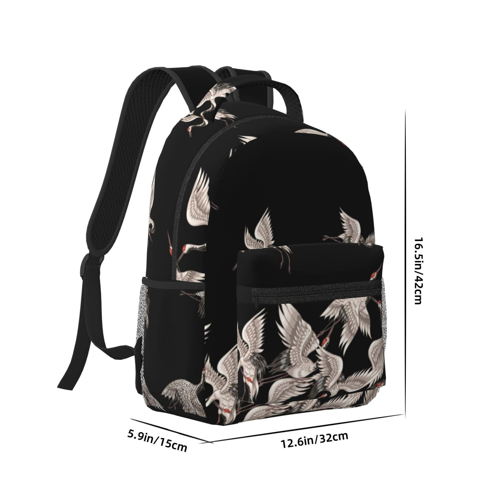 Rateoe Japanese White Crane Pattern Durable Student Backpack Laptop Bag- Ergonomic Design, Waterproof Twill Fabric - Ideal for School, Travel, and Outdoor Activities