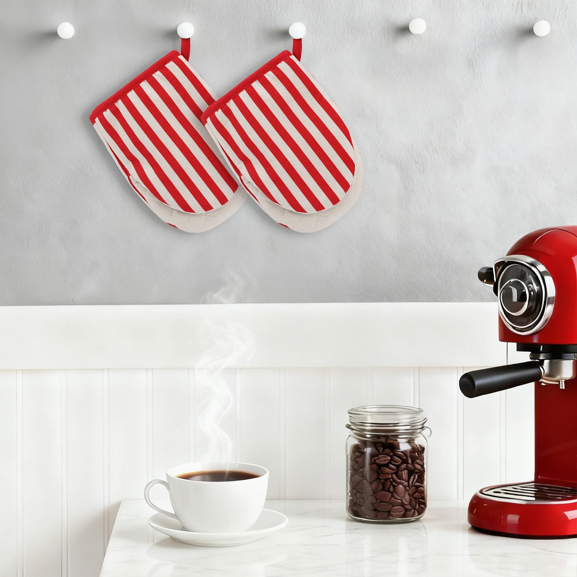 Unique Bargains Oven Mitts Heat Resistant Cooking Gloves Red Stripes 7.1x5.5inch