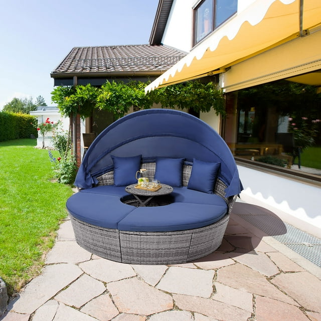Gymax Lit de Jour Rond d'Extérieur avec Auvent Rétractable et Table d'Appoint Cour Arrière Bord de Piscine Pelouse