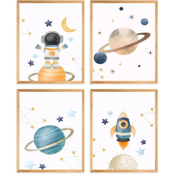 4-Piece Space Wall Art Poster, Cartoon Astronaut Rocket Planet Picture for Children's Room Toddler Boys Room Decor 8 x 10 Inches Unframed