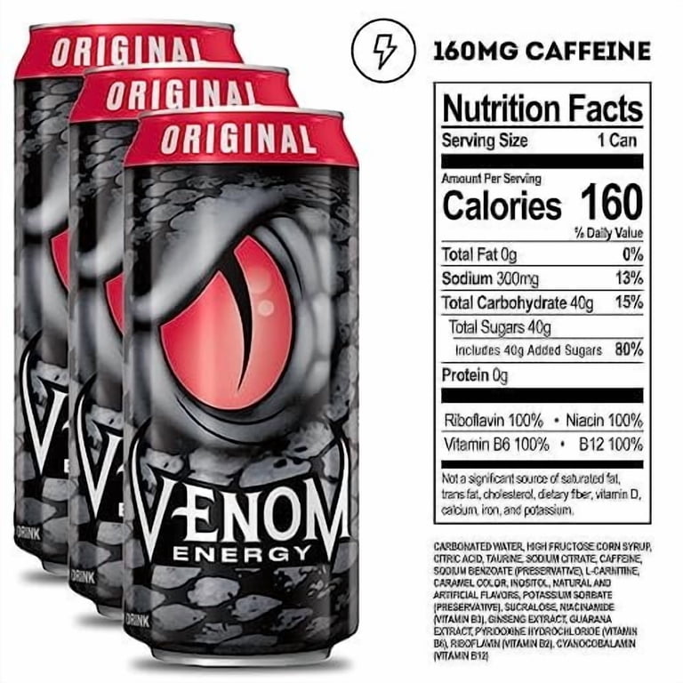 Venom Energy Drink, Original, 0 Fat, 160mg Caffeine, 16 Fl Oz Pack of 12 By LastFuel
