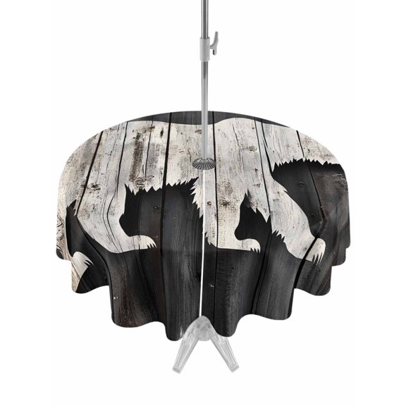 Outdoor Table Cloth with Umbrella Hole and Zipper, White Brown Bear Waterproof Round Tablecloth 60 Inch, Farmhouse Country Rustic Wooden Grain Washable Table Cover for Outside Party Patio Picnic