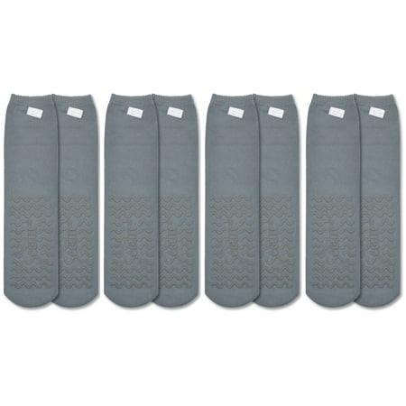 Secure (4 Pairs) Non Skid Socks with All Around Grip Tread, Gray - Hospital Style for Elderly Fall Injury Prevention - One Size Fits
