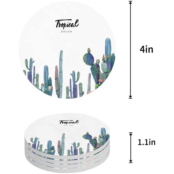 POGLIP Tropical Dream Cactus Set of 4 Round Coaster for Drinks, Absorbent Ceramic Stone Coasters Cup Mat with Cork Base for Home Kitchen Room Coffee Table Bar Decor