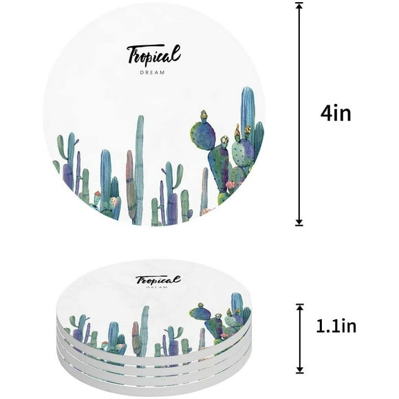 POGLIP Tropical Dream Cactus Set of 4 Round Coaster for Drinks, Absorbent Ceramic Stone Coasters Cup Mat with Cork Base for Home Kitchen Room Coffee Table Bar Decor