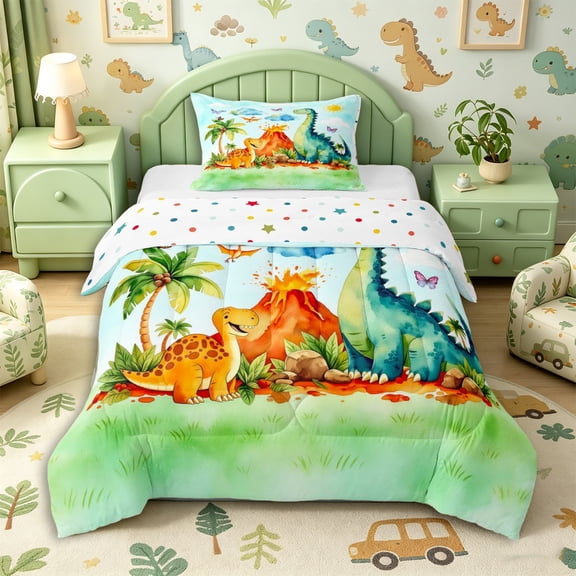Aikeke Watercolor Dinosaur Twin Comforter Sets 2pcs, Cartoon Jungle Animal Bedding Set, Orange Green,1 Comforter and 1 Pillowcase