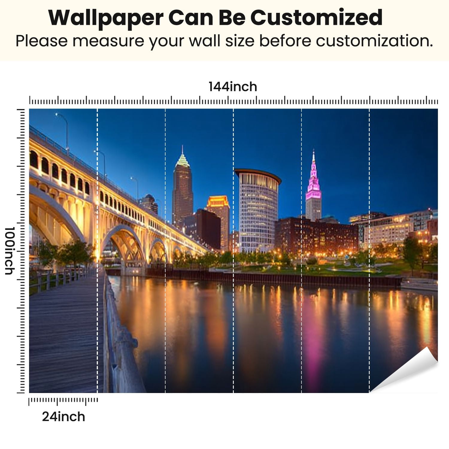 Peel and Stick Wallpaper Night time photo downtown Clevelands skyline Modern Art Wall Mural Decor Self Adhesive and Removable 100in x 144in