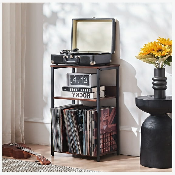 3-Tier Record Player Stand, Stylish End Side Table with Vinyl Storage, Metal Wooden Sofa Table, Vinyl Record Storage Table Rack for Bedroom Living Room