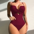thumbnail image 2 of Duoif One Piece Swimsuit Women, Women's Swimsuit Sexy Bikini Solid Color Stripes Conjoined Swimsuit High Waist Swimsuit Beach Suit Womens Swimsuits Tummy Control Swimsuits for Women Wine M, 2 of 6
