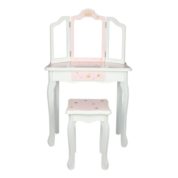 Children's Makeup Vanity Table with Mirror, Wooden Toy Vanity Set with