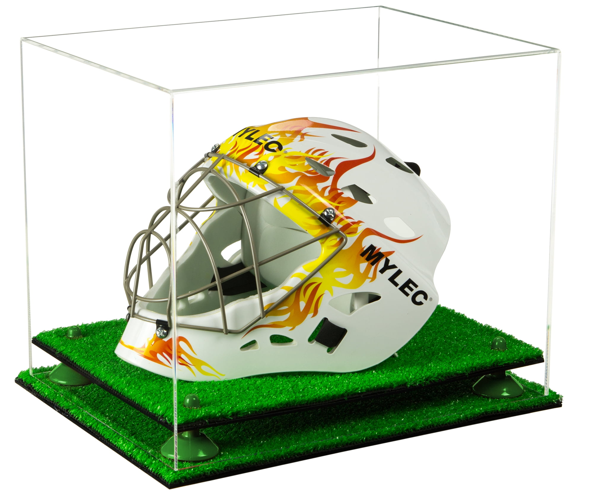 Clear Acrylic Lacrosse Helmet Display Case with Green Risers and Turf