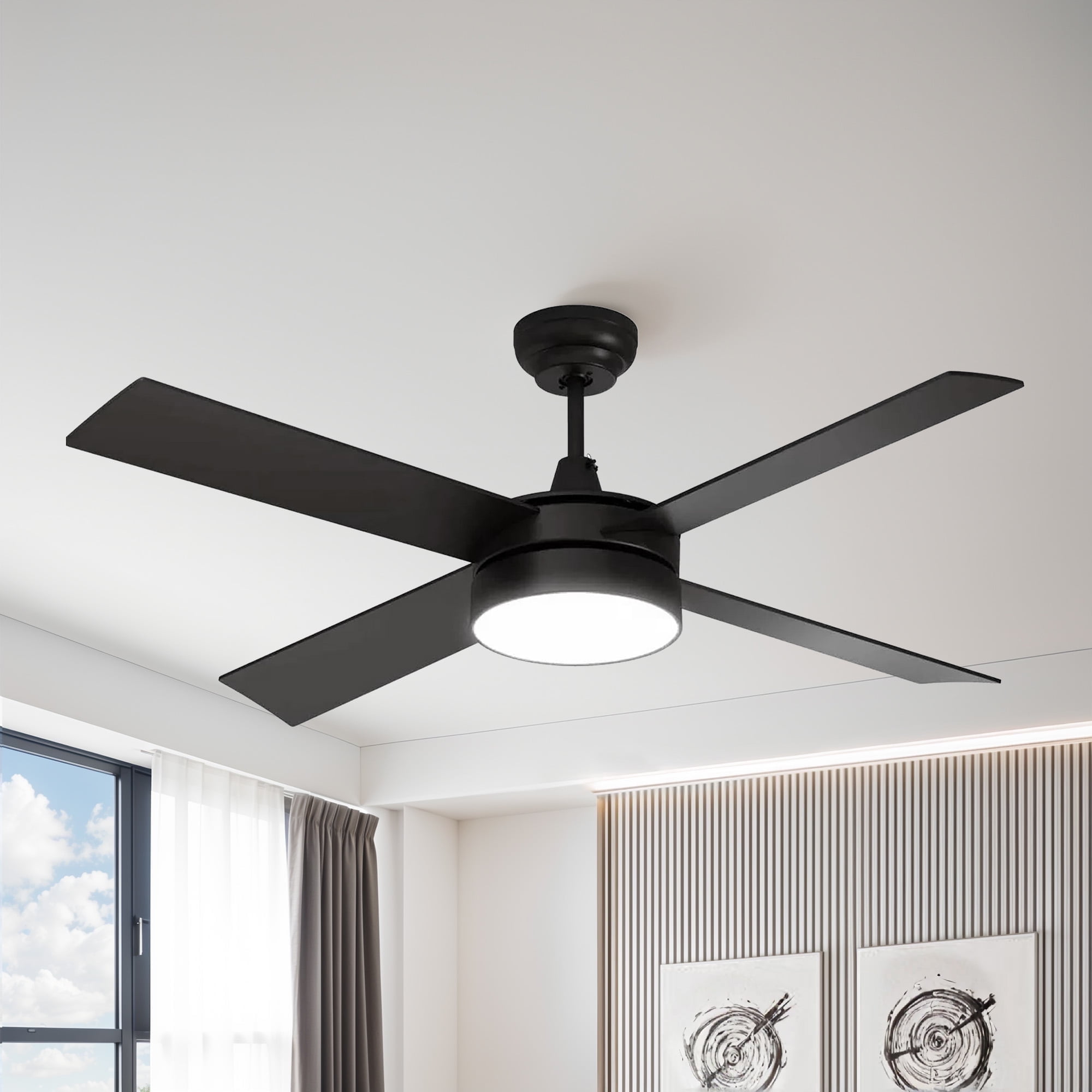 WINGBO 54" Ceiling Fan With Light - 5 Solid Wood Blades, 6-Speed DC Motor, Dimmable LED, Remote Control, White & Oak