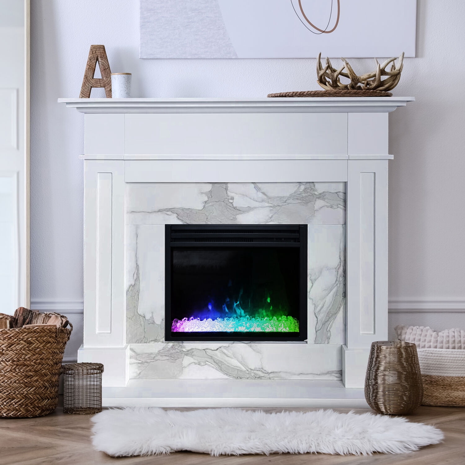 Sofia Cambridge 57-In. Modern Electric Fireplace Mantel with LED  Multi-Color Faux Charred Log Display Insert | White Faux Marble | Heating  for Living Room, Dining Room, Bedrooms up to 210 Sq.Ft. -