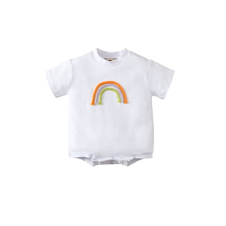 

Amuver Simple Baby Girl Rainbow Romper Short Sleeve Round Neck Rainbow Stitched Buttoned Crotch Tops for Summer Spring