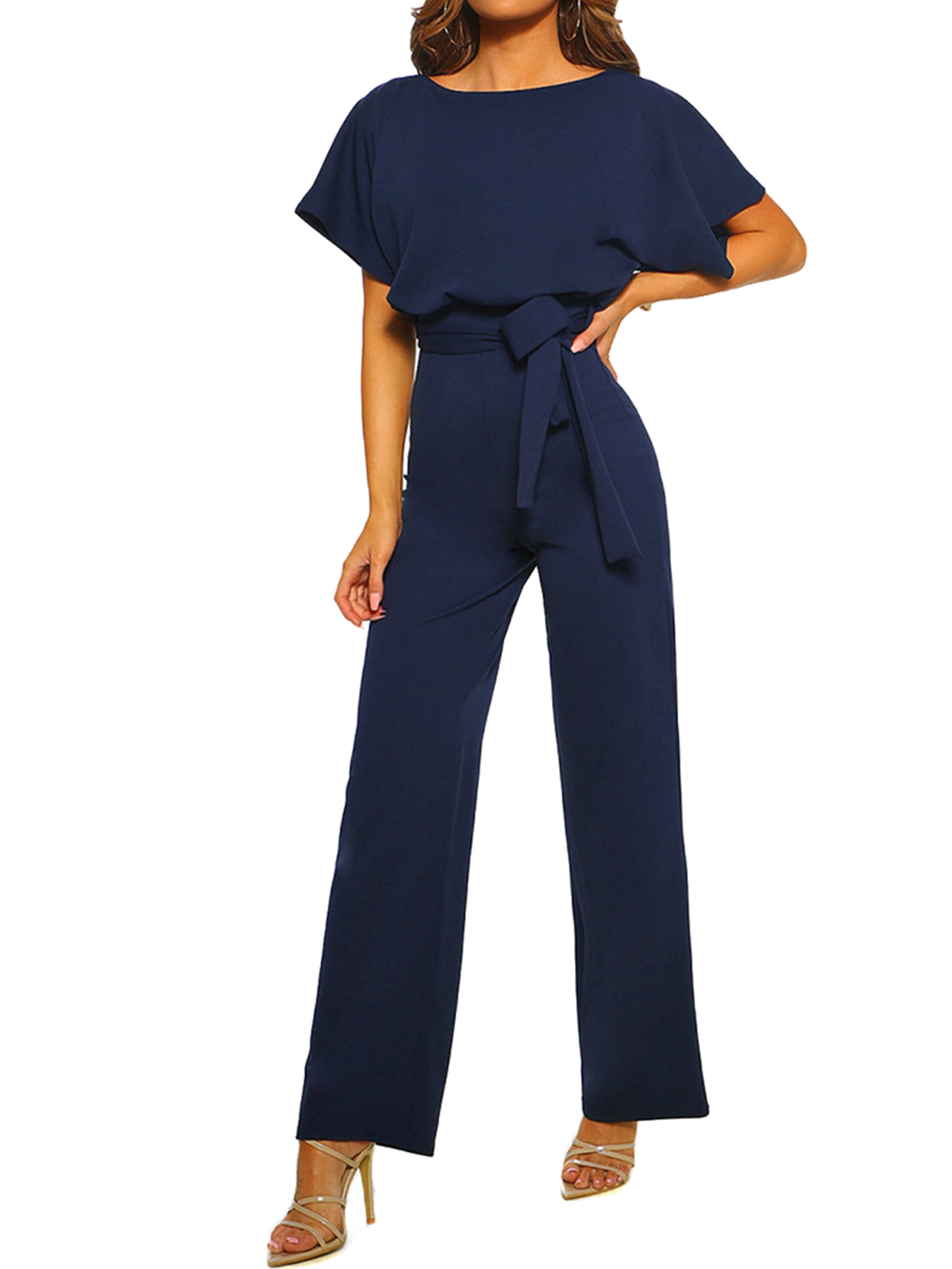 WAo Womens Short Sleeve Jumpsuit Solid Color Belted Playsuit Wide Leg Pants Elegant Rompers Casual Jumpsuits with Belt