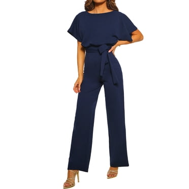 Women Short Sleeve Jumpsuit Summer Wrap Drawstring Tie Jumpsuits Long Pants Romper Casual Evening Party Clubwear Trousers