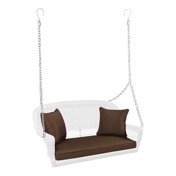 Pemberly Row Wicker Porch Swing in White with Brown Cushion