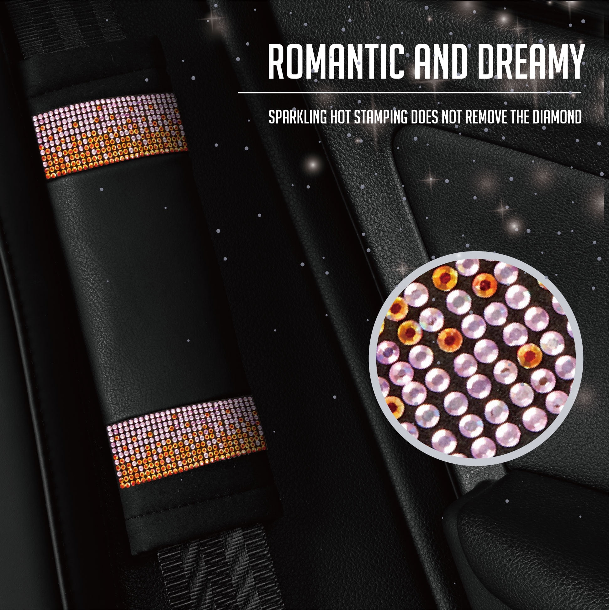 Auto Drive Bling Diamond Seat Belt Pads, 2-Pack Soft Shoulder Strap Covers, Universal Fit for Cars, SUVs Pink Orange