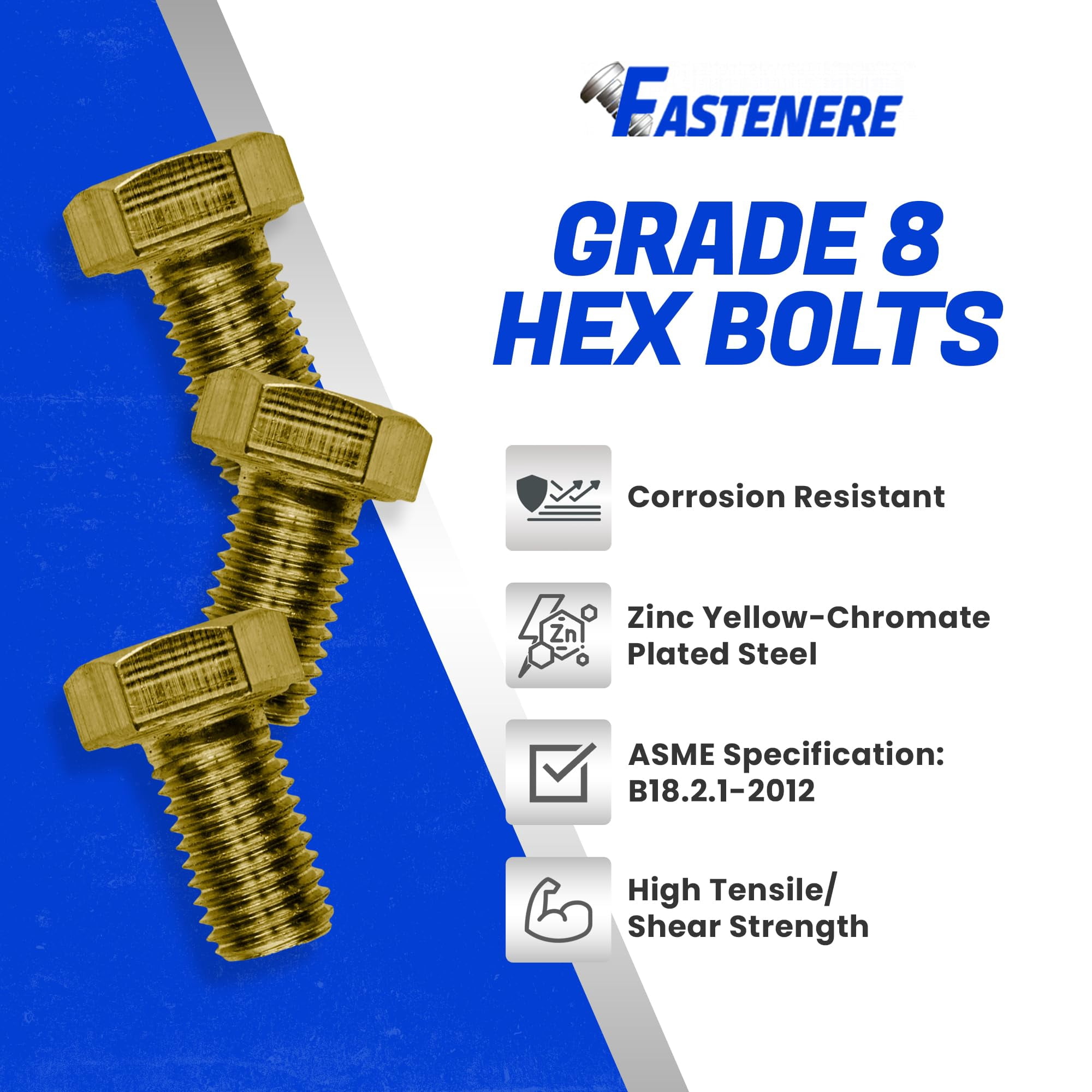 Fastenere 3/8"-16 x 1/2" Hex Bolts Grade 8 Zinc Yellow-Chromate Plated Steel, Fully Threaded Durable Hex Bolts for Machinery & Construction, Rust-Resistant, Heavy-Duty Fasteners, Pack of 25