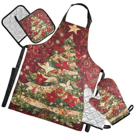Ryvnso Poinsettia Flower Christmas Tree Kitchen Apron Oven Mitts Set Pot Holders