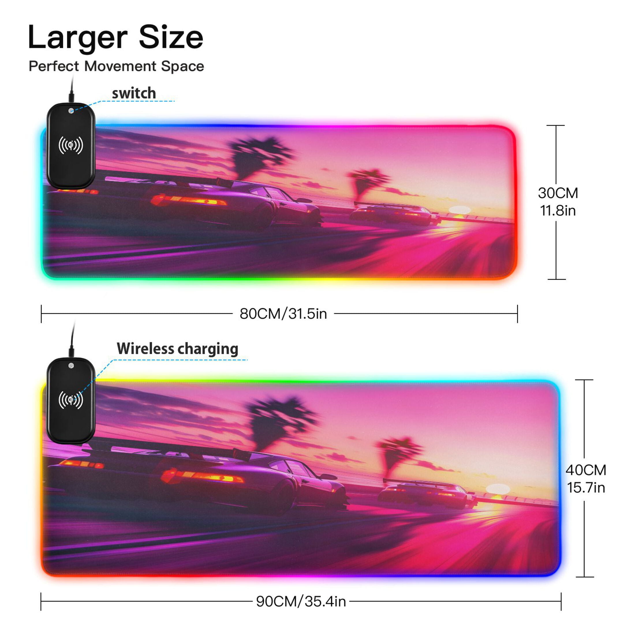 Wireless Charging Mouse Pad Large RGB Gaming Desk Mat 13 Light Modes Mousepad 31.5x11.8 Sport Cars Racing