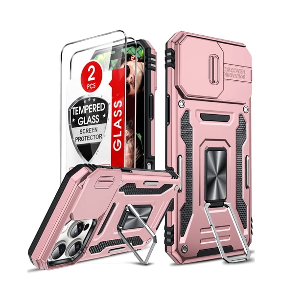 LeYi for iPhone 16 Pro Max Case: Military-Grade Heavy Duty Cover with Metal Ring Magnetic Kickstand with Tempered Glass Screen Protector [2 Pcs], Rose Gold