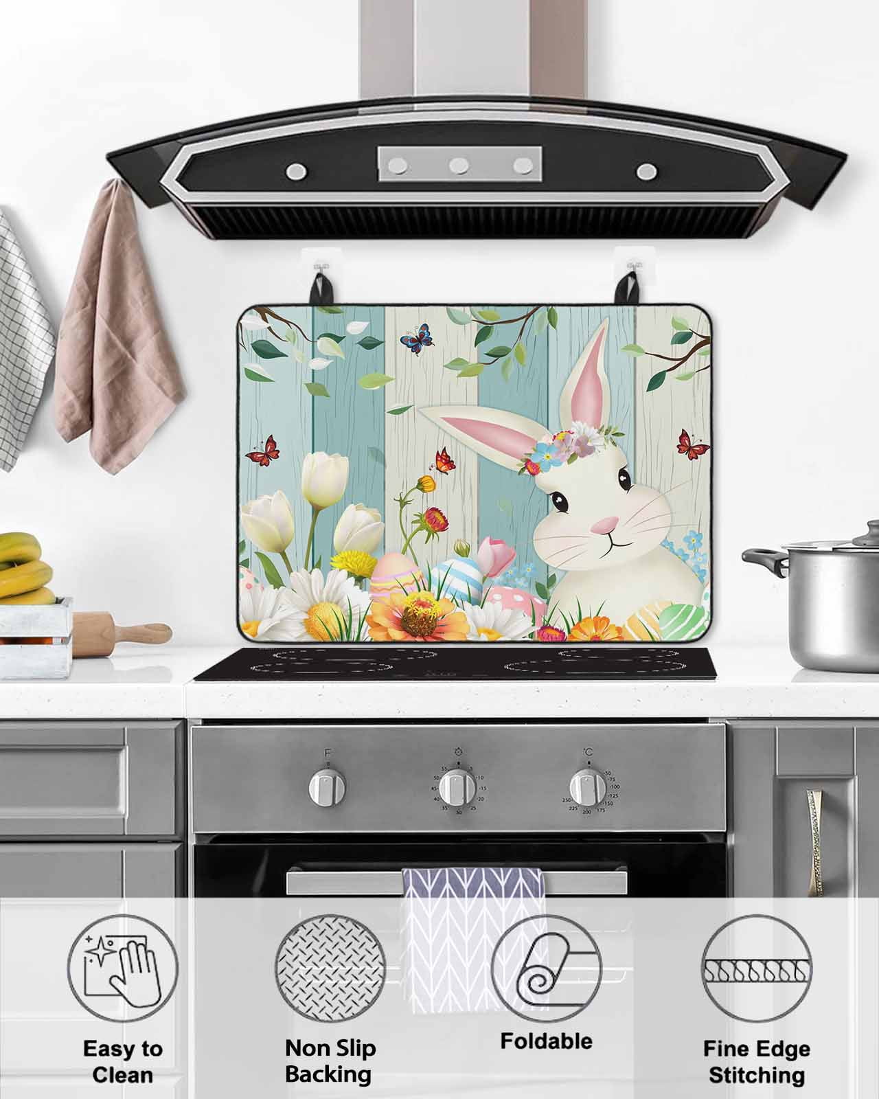 Large Induction Cooktop Protector Mat Easter Stove Top Covers for Electric Stove, Spring Watercolor Bunny Eggs Tulip Wooden Grain Decorative Stove Burner Cover Mats, Glass Top Stove Cover