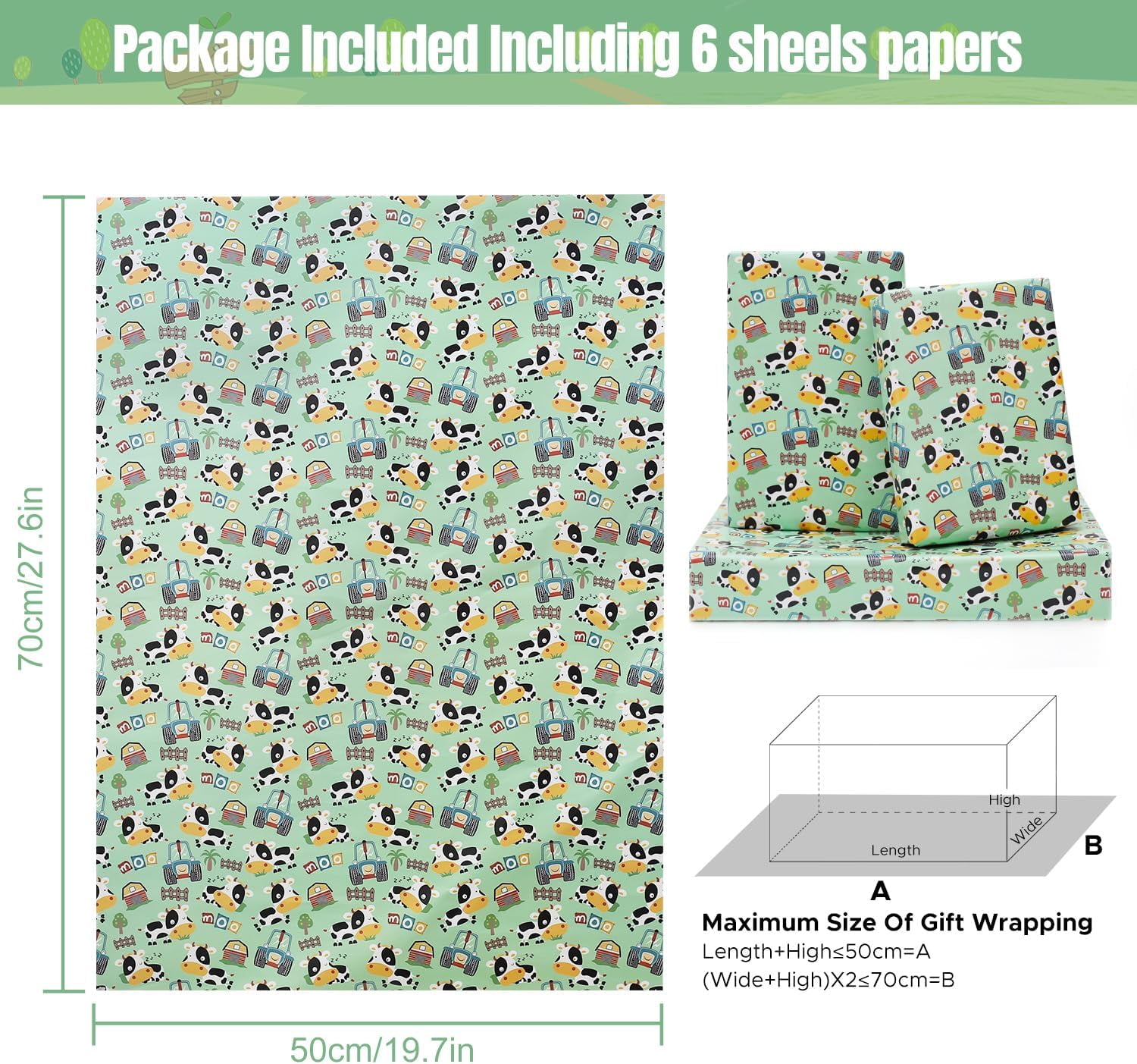 Farm Cow Wrapping Paper for Boys Girls Kids, Cute Cow Farmhouse Tractor Farm Theme Design Green Birthday Paper 6 Sheets Folded Flat 20x28 inches per Sheet for Birthday Party Baby Shower