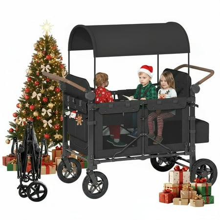 TABU Stroller Wagon for 4 Kids,4 Seater Stroller Wagon with Adjustable Handles,5-Point Harnesses,Black