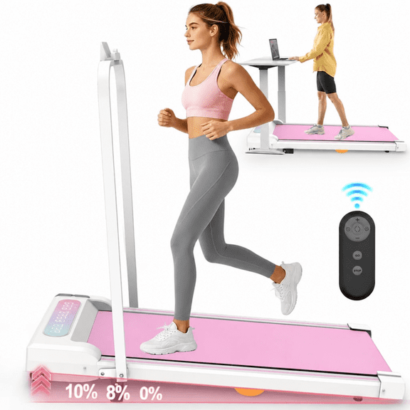 Under Desk Treadmill with Incline, 2 in 1 Walking Pad with Handle, Portable Treadmill with Remote Control LED Display for Home Office, 2.5HP 265LBS Pink