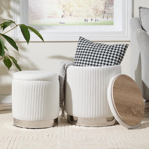 Round Ottoman with Storage Set of 2,Vanity Stool with Storage for Bedroom, Ottoman Coffee Table,Small Velvet Foot Stool for Living Room, Beige