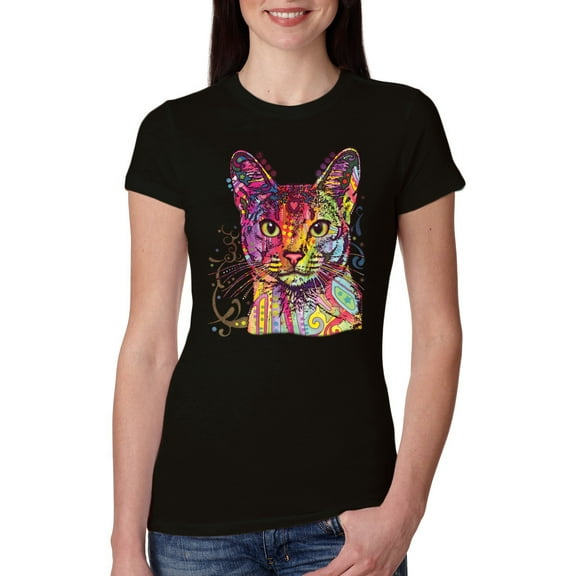 Wild Bobby Dean Russo Colorful Cat Abyssinian Cat Lover Women Slim Fit Junior Tee, Black, Small