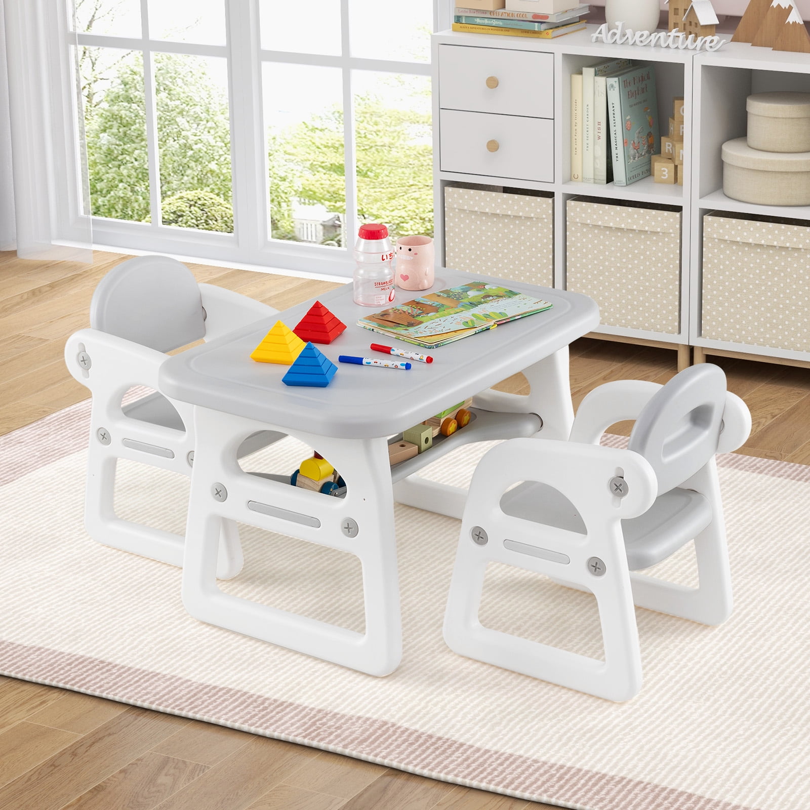 Costway 3-Piece Kids Table and Chair Set Toddler Activity Study Desk with Building Blocks Gray