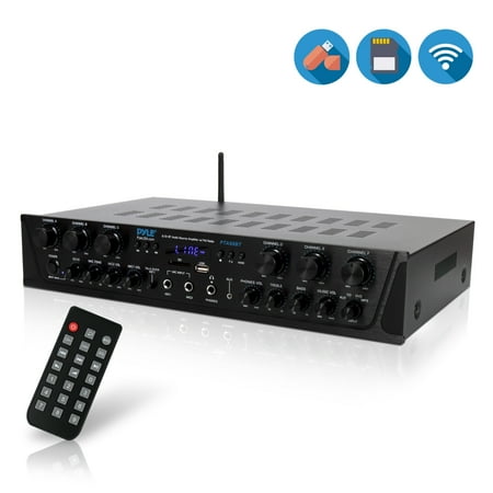 PYLE PTA66BT - Bluetooth Audio Amplifier, 6-Ch. Audio Source Desktop Stereo Receiver System with FM Radio, MP3/USB/SD/AUX Playback (600 Watt)