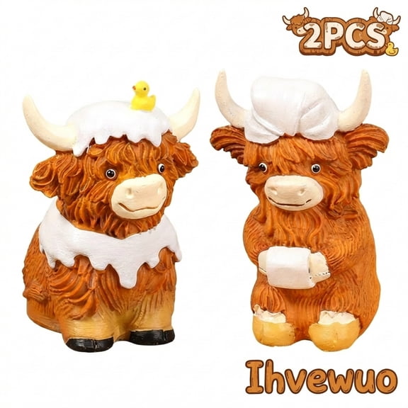 Ihvewuo 2pcs Highland Cow Bathroom Figurines Bathroom Theme Bath Resin Statue Calf Gifts for Christmas Farmhouse Home Garden Kitchen Office Tiered Tray Table Decor