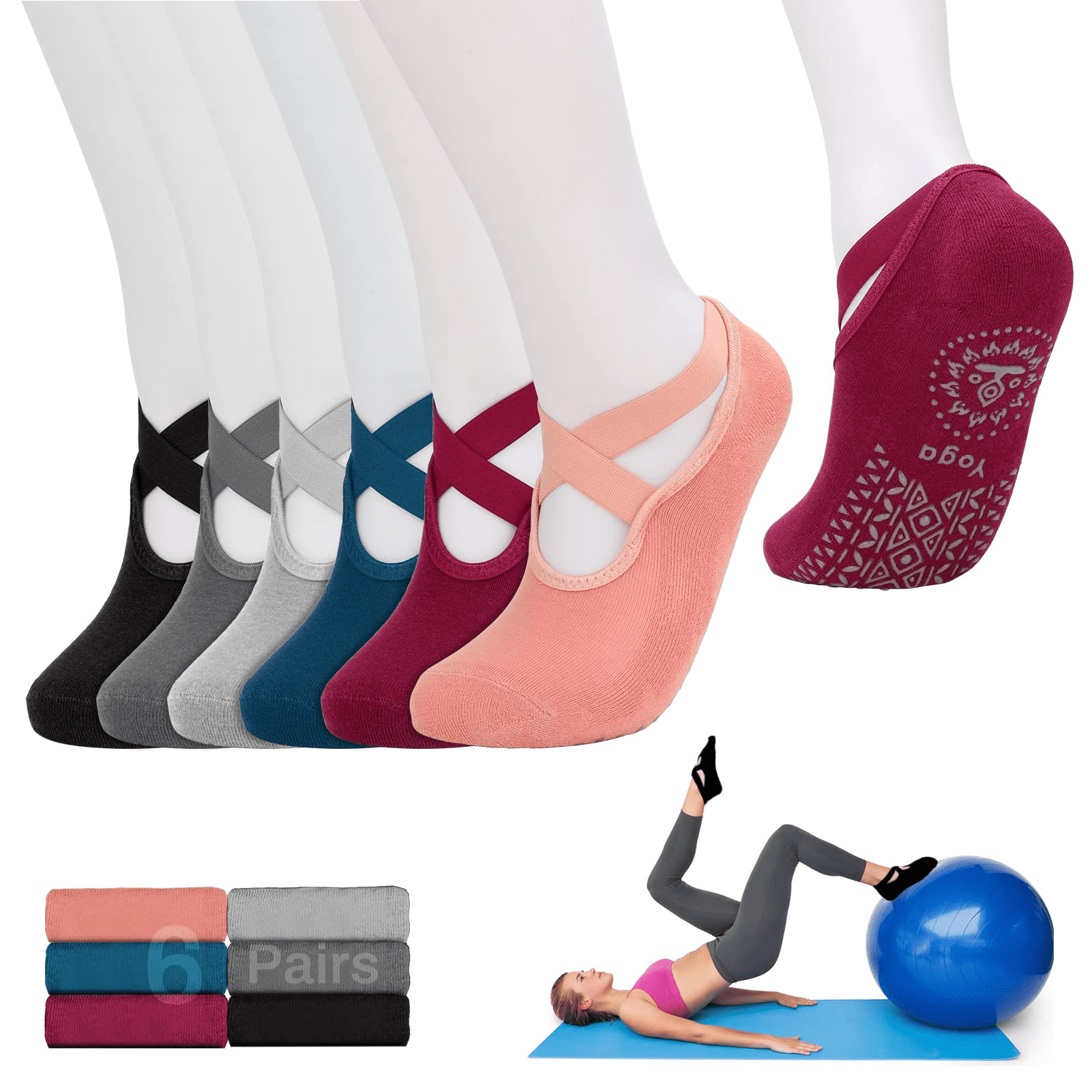 6 Pair Women Non-Slip Yoga Socks with Grip for Pilates Ballet Dance Gym Exercise 