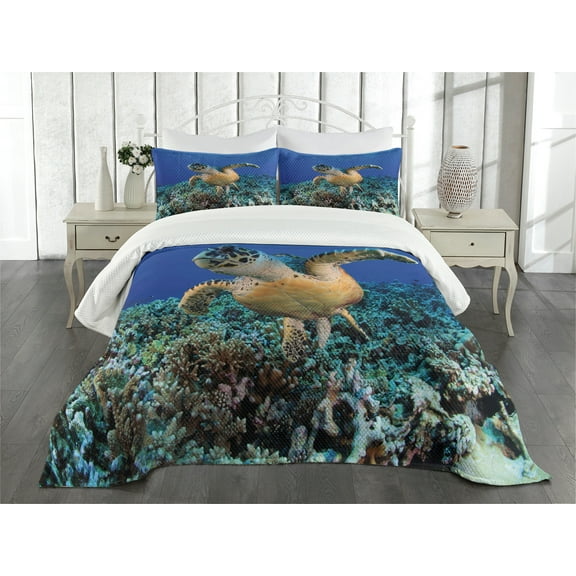 Ambesonne Turtle Quilted Bedspread Set 3 Pcs, Cheloniidae Deep Ocean, Queen Size, Violet Blue Pale Brown