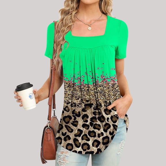 USSUMA 2024 Women'S Tops, Tees & Blouses Square Neck Tunic Leopard Print Short Sleeve Summer T-Shirts Beach Fashion Loose Casual Pleated Tops Blouses Weekly Green XXL