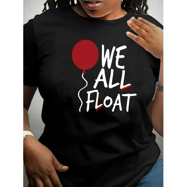 Chic Balloon Print Women's T-Shirt - Casual Crew Neck, Short Sleeve, Stretchy Polyester Blend, Machine Washable - Perfect for Summer & Casual Attire, English Pattern, Holiday Comfort