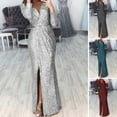 thumbnail image 2 of Women Evening Dress Deep V Neck Sequin Decor Long Sleeves Elastic Waist Pleated Split Hem Solid Color Formal Occasions Wedding Party Prom Maxi Dress, 2 of 8
