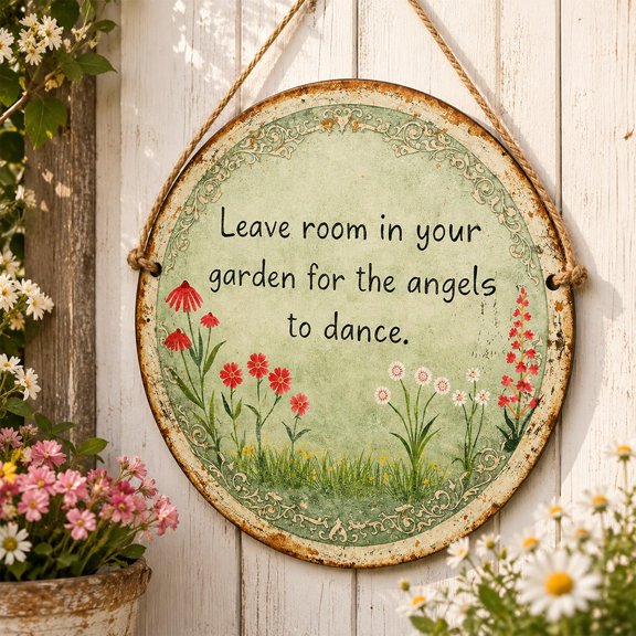 Angel Dance Round Wooden Sign, Floral Garden Wall Decor with Hanging Twine,Porch and Patio Accent, Printed Botanical Quote Artwork, Four Diameter Options, Gift Idea for Nature Lovers