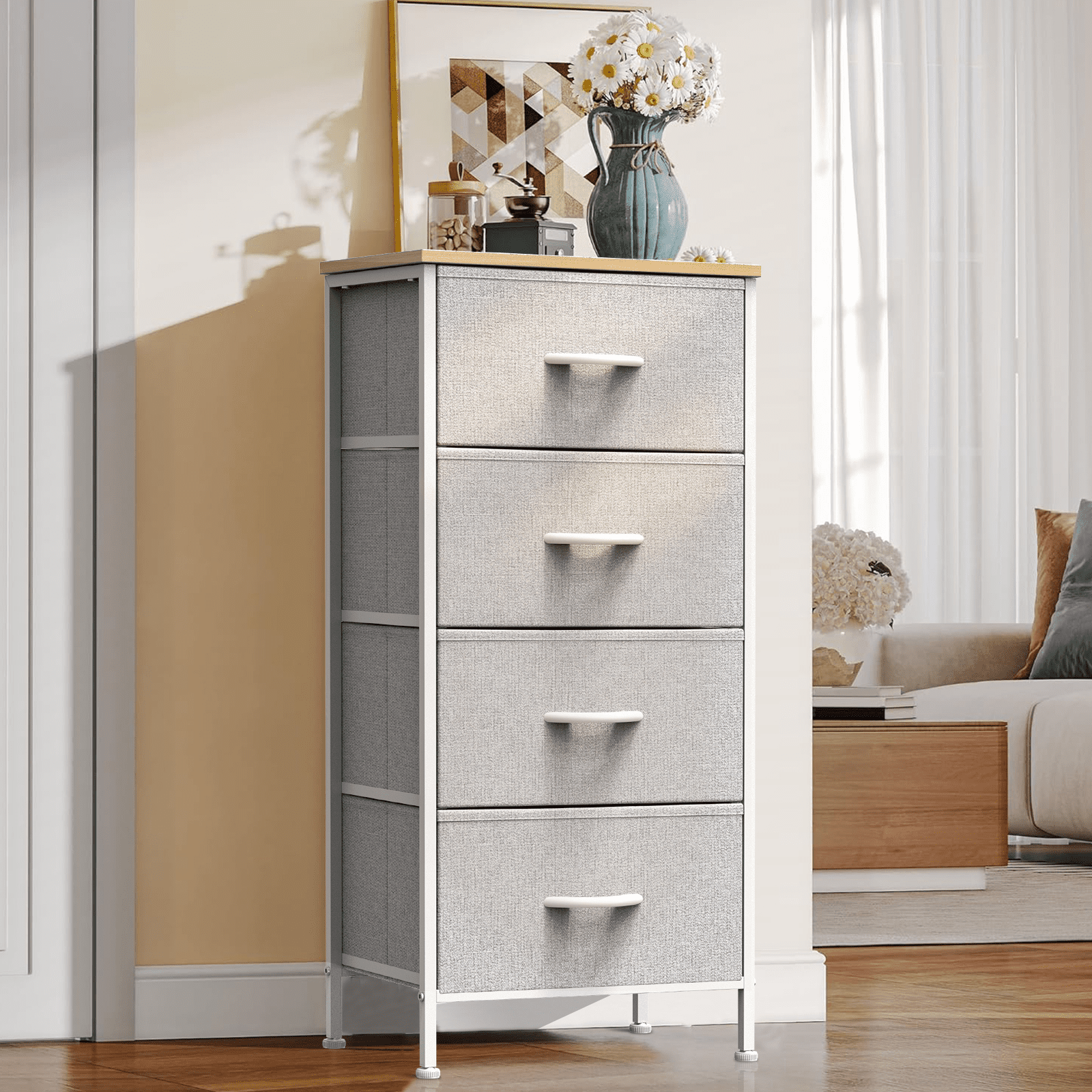 TrumanPick 4 Drawer Dresser for Bedroom, Tall Fabric Chest of Drawers with Wood Top, Fabric Storage Tower Nightstand for Bedroom Nursery Closet, Metal Organizer Unit for Living Room, Light Gray